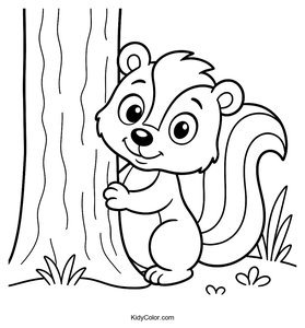 Skunk Peeking Out From Behind A Tree With Curious Eyes