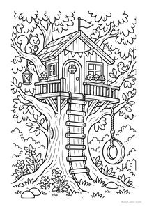 Treehouse with Tire Swing and Squirrel