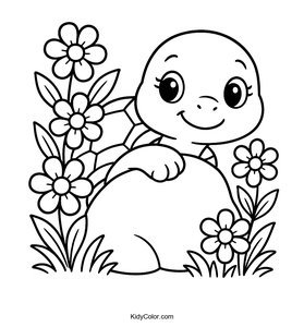 Turtle Peeking Out From Behind A Rock Surrounded By Bloomin