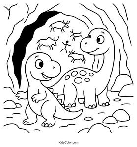 Curious Dinosaurs Exploring a Cave Coloring Page