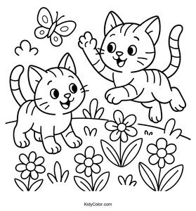 Two Playful Kittens Chasing Butterflies In A Garden
