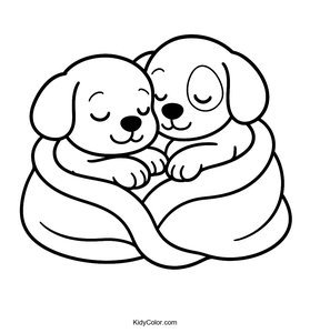 Two Puppies Cuddled Together Sleeping Peacefully In A Cozy