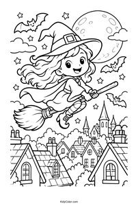 Young Witch Flying Over Village