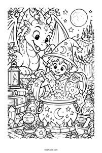 Young Wizard Brewing a Potion with Dragon